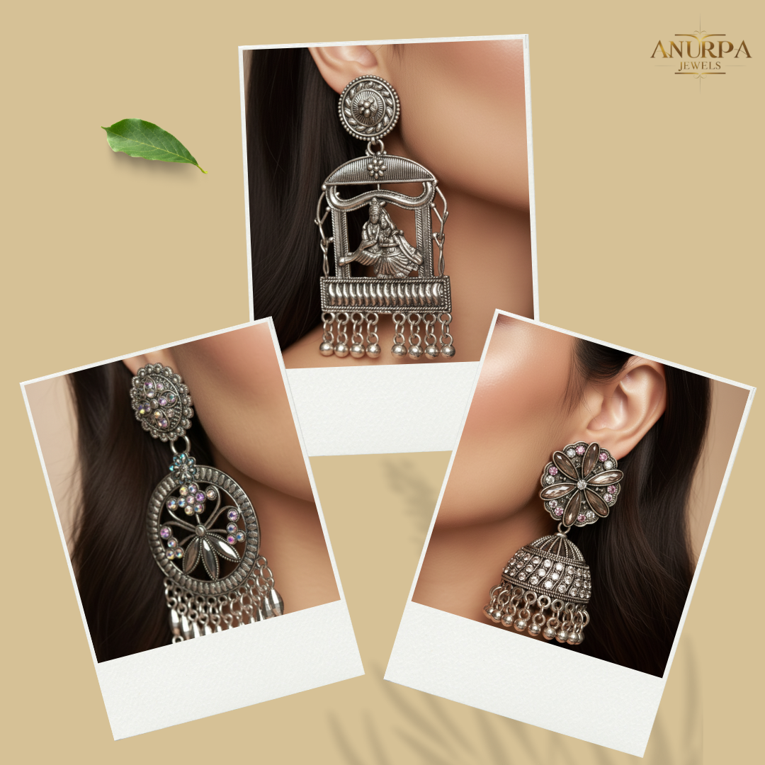 Oxidised Earrings Combo Pack (Set of 3) – Chandbali + Temple Motif + Dome Jhumka | Premium Silver Finish