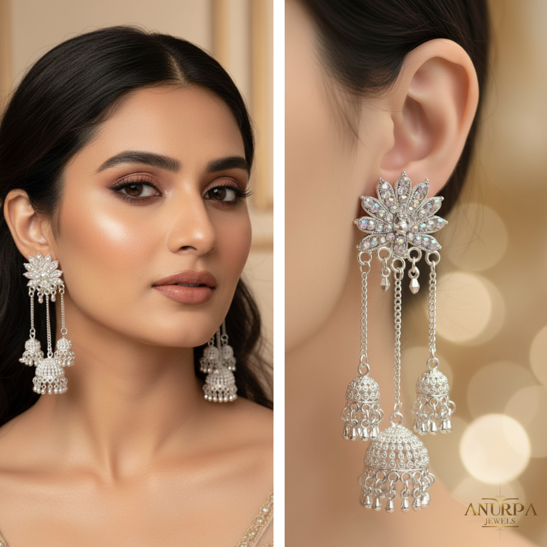 Long Lotus Cascade Jhumka Earrings | Multi-Layer Oxidised Silver Dangler | Designer Statement Earrings