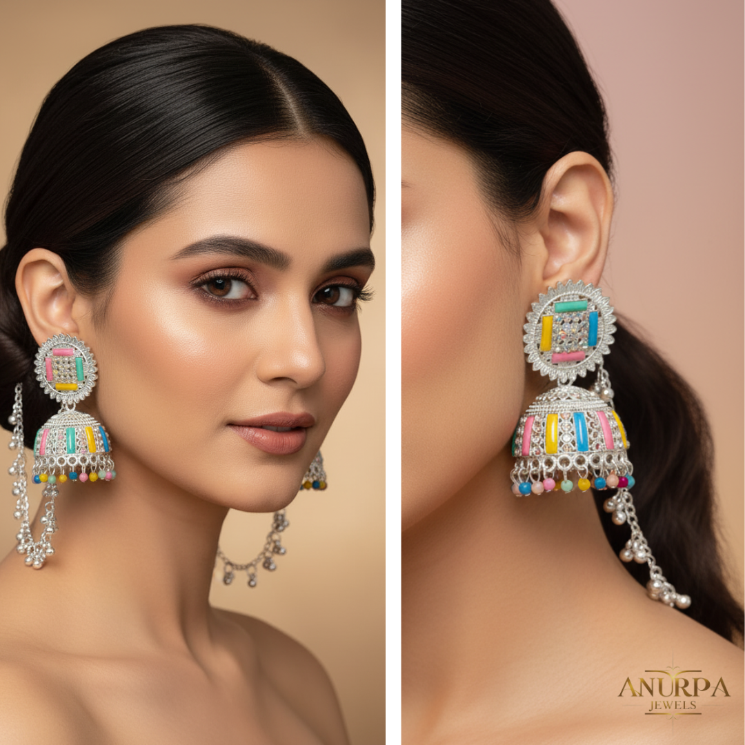 Colourful Oxidised Big Jhumka Earrings | Multi-Stone Dome Jhumka with Hanging Chain | Statement Festive Earrings