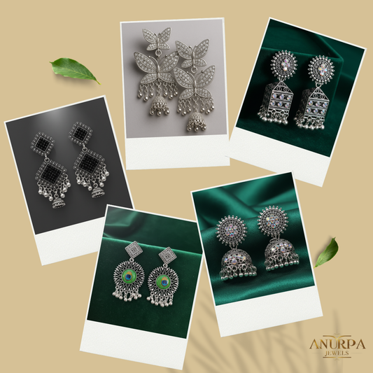 Oxidised Earrings Combo Pack (Set of 5) – Designer Danglers, Peacock Motifs, Jhumkas, Butterfly Danglers and Crystal Tops