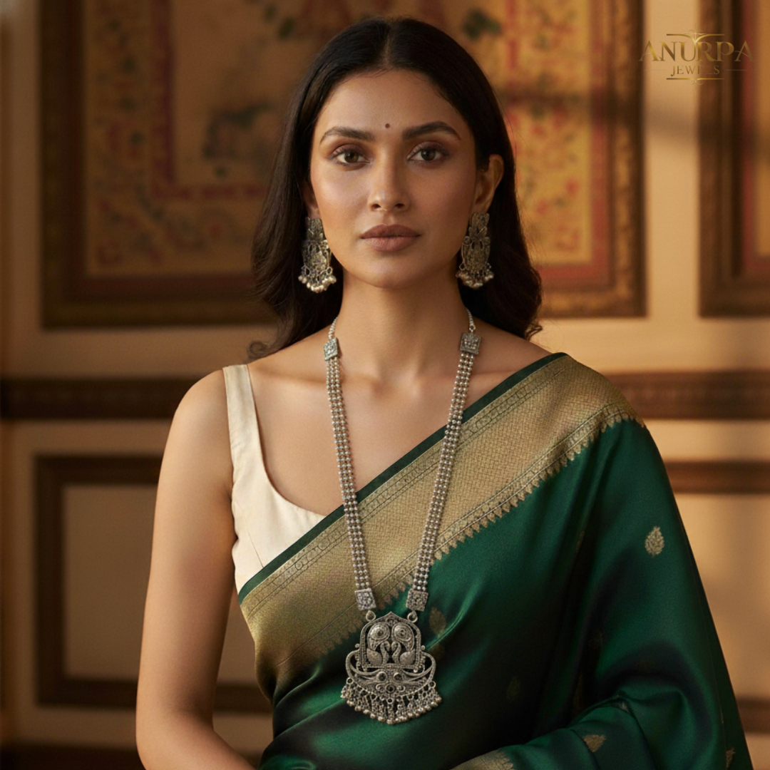 Anurpa Dual Heritage Oxidised Necklace Set Combo – Floral Choker & Antique Twin-Peacock Long Necklace