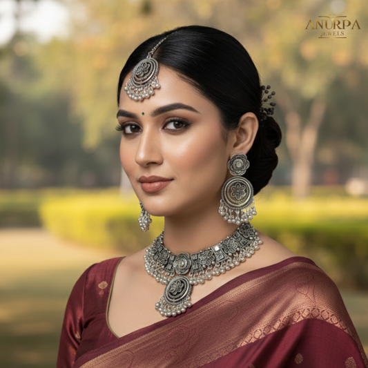 Anurpa Royal Oxidised Floral Statement Necklace Set with Earrings & Tikuli
