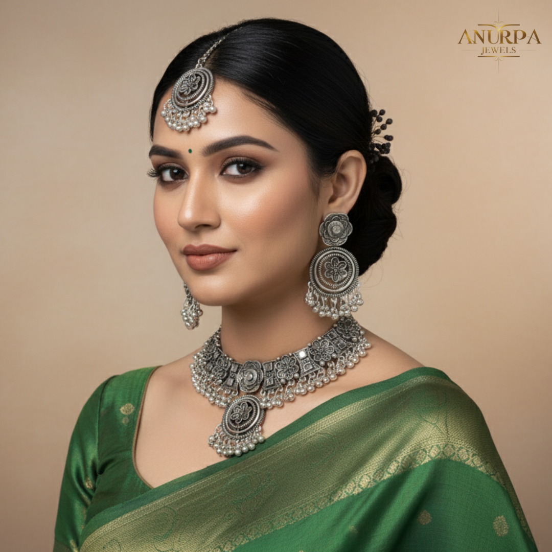 Anurpa Royal Oxidised Floral Statement Necklace Set with Earrings & Tikuli