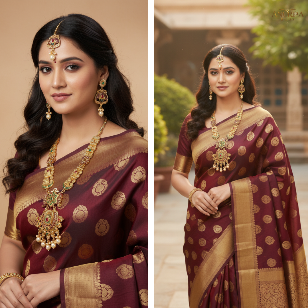 Antique Temple Bridal Necklace Set with Earrings & Maang Tikka – Multicolor Kundan & Pearl Work