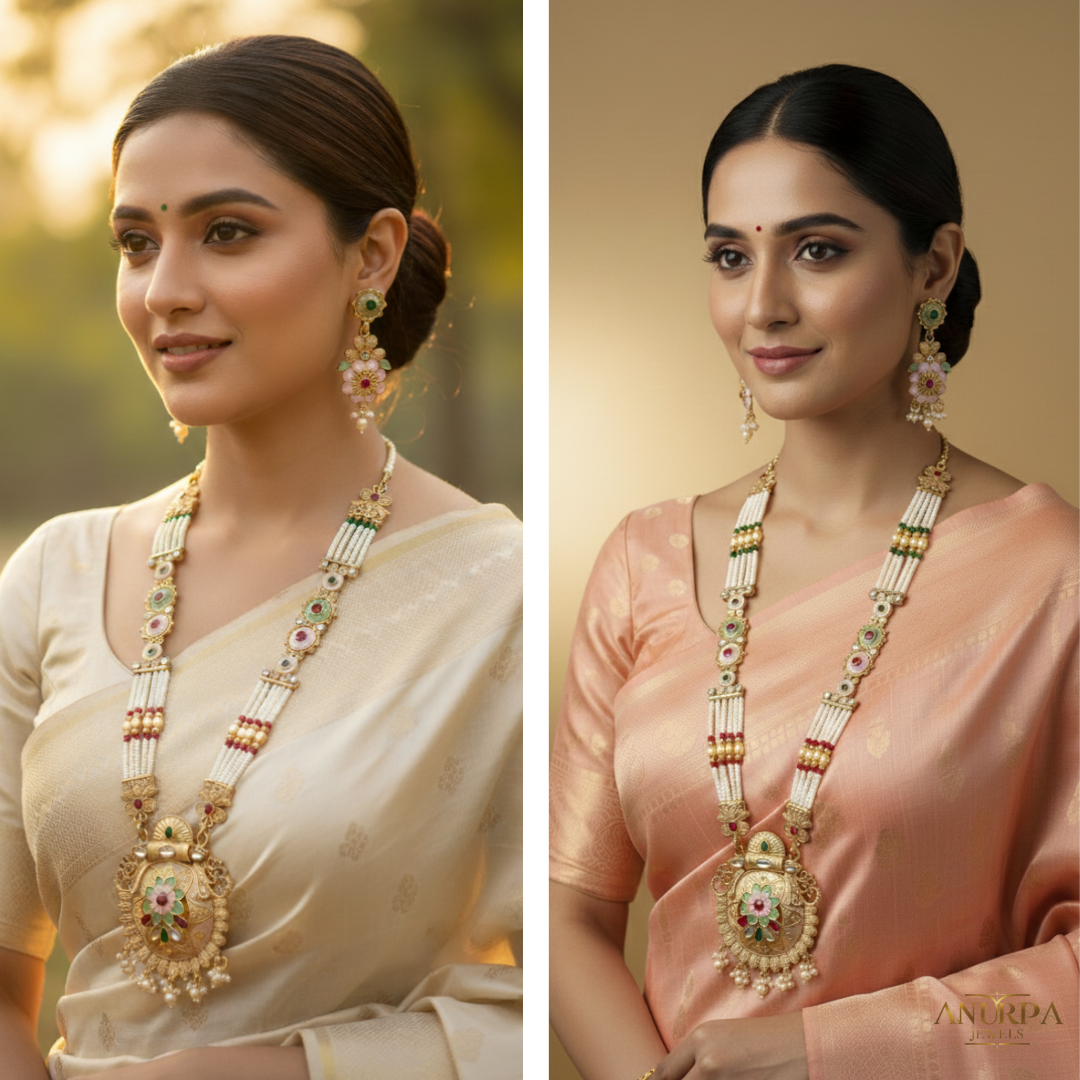 Regal Blossom Kundan Pearl Long Haar Set (Necklace + Earrings)