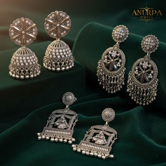 Oxidised Earrings Combo Pack (Set of 3) – Chandbali + Temple Motif + Dome Jhumka | Premium Silver Finish