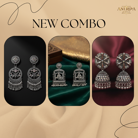 Oxidised Earrings Combo Pack (Set of 3) – Chandbali + Temple Motif + Dome Jhumka | Premium Silver Finish