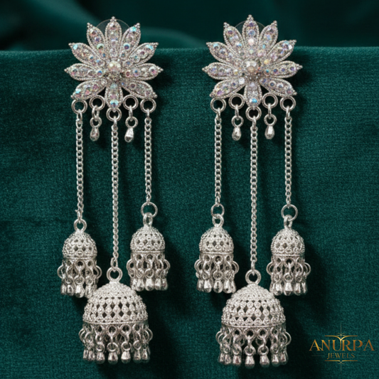 Long Lotus Cascade Jhumka Earrings | Multi-Layer Oxidised Silver Dangler | Designer Statement Earrings