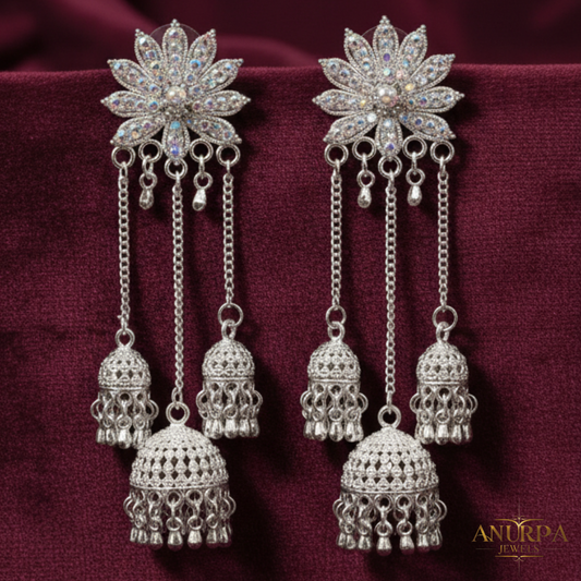 Long Lotus Cascade Jhumka Earrings | Multi-Layer Oxidised Silver Dangler | Designer Statement Earrings