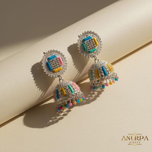 Colourful Oxidised Big Jhumka Earrings | Multi-Stone Dome Jhumka with Hanging Chain | Statement Festive Earrings