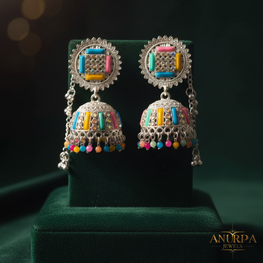 Colourful Oxidised Big Jhumka Earrings | Multi-Stone Dome Jhumka with Hanging Chain | Statement Festive Earrings