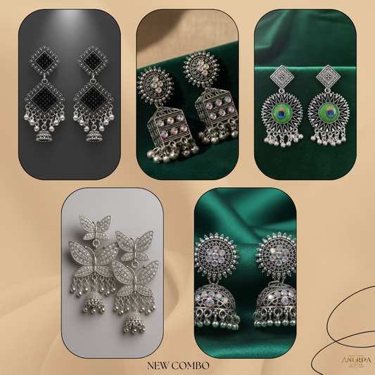 Oxidised Earrings Combo Pack (Set of 5) – Designer Danglers, Peacock Motifs, Jhumkas, Butterfly Danglers and Crystal Tops