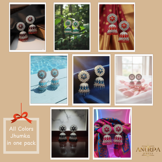 Anurpa Jewels – 8-Color Premium Floral Stone Jhumka Combo Pack | Matching Jhumkas for Every Outfit | Wedding & Festive Collection