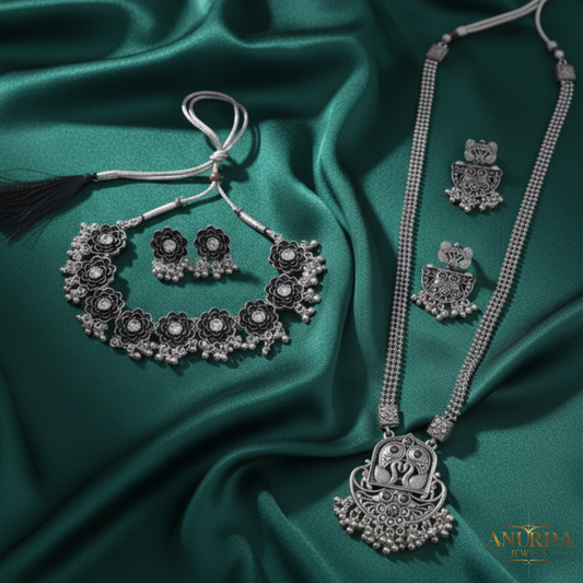 Anurpa Dual Heritage Oxidised Necklace Set Combo – Floral Choker & Antique Twin-Peacock Long Necklace