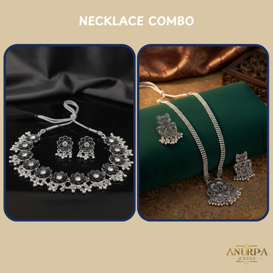 Anurpa Dual Heritage Oxidised Necklace Set Combo – Floral Choker & Antique Twin-Peacock Long Necklace
