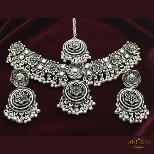 Anurpa Royal Oxidised Floral Statement Necklace Set with Earrings & Tikuli