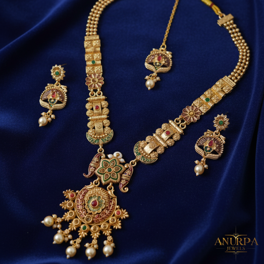 Antique Temple Bridal Necklace Set with Earrings & Maang Tikka – Multicolor Kundan & Pearl Work