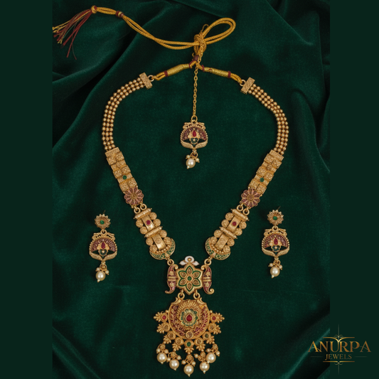 Antique Temple Bridal Necklace Set with Earrings & Maang Tikka – Multicolor Kundan & Pearl Work