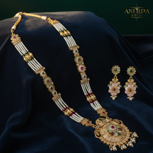 Regal Blossom Kundan Pearl Long Haar Set (Necklace + Earrings)